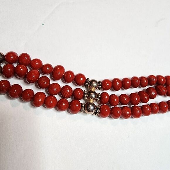 Ruby Lane Signed M.G. Sterling Silver Red Coral Bead Bracelet 3 Rows - Picture 5 of 10